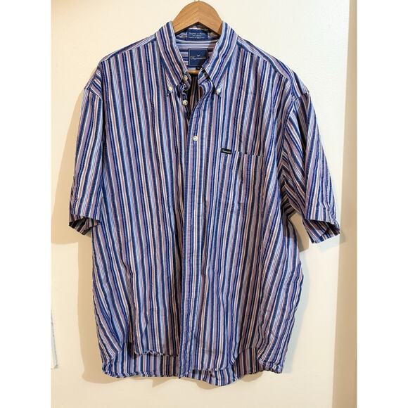 Faconnable Shirt Mens XL Blue Plaid Seersucker Button Up Short Sleeve - Picture 1 of 8